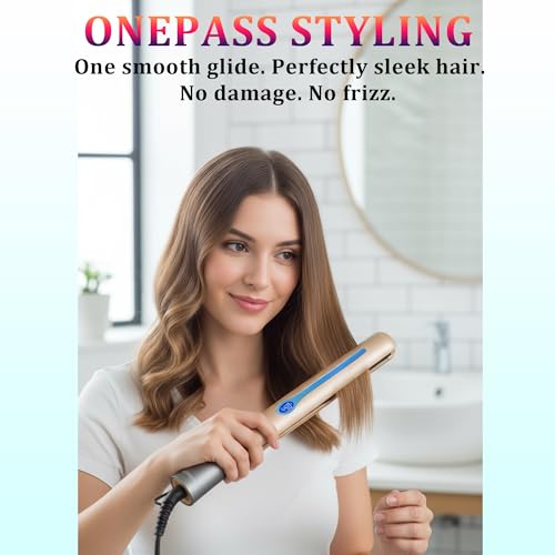 Image of NITION Ceramic Tourmaline Hair Straighteners LCD Flat Iron MCH 10s Fast Heating Up. 1 inch Smooth 3D Floating Plate Healthy Straightening Tools. Heat-Proof Glove. Dual Voltage Travel. Champagne Gold