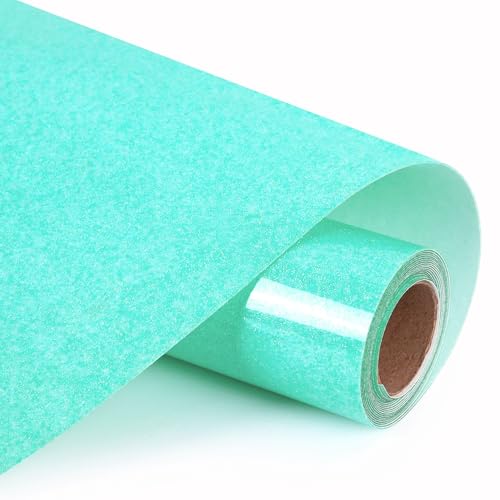 Image of HTVVETUR Glitter Cyan Heat Transfer Vinyl, Glow in The Dark HTV Vinyl Roll 12 inch x 9ft, Easy to Cut & Weed for Heat Press DIY Craft