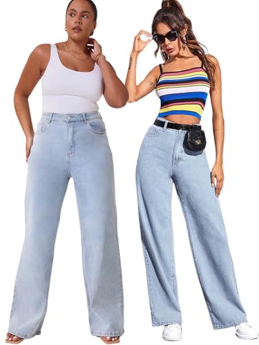 Image of KOTTY Women's High Waist Wide Leg Button Coin Pocket Straight Fit Jeans Stylish Regular to Plus Size Fit Denim Jeans for Women