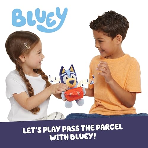 Image of Bluey Pass the Parcel Musical Game, Soft 8 inch (20cm) Plush, Game for Kids | Huggable fun family game, children's party game or preschool game, three interactive kids games to play, including hot botato