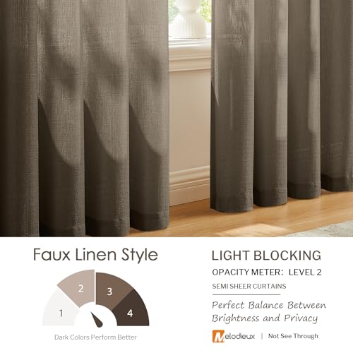 Image of Melodieux Brown Semi Sheer Curtains 84 Inches Long for Living Room Bedroom, Farmhouse Linen Look Shiny Sheer Curtain Drapes Rod Pocket Light Filtering Home Office, 52 inch W x 84 inch L, 2 Panels
