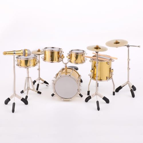 Dselvgvu Miniature Drum Set Mini Musical Instrument Drum Set Kit Replica Collectible Figurines Birthday Gifts Music Home Decoration Display Ornament Model (Gold)