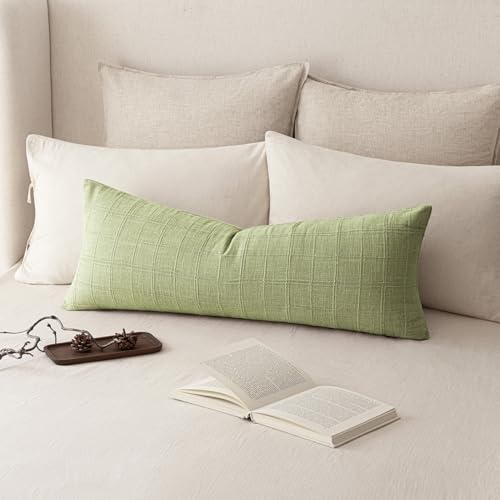Image of Foindtower Set of 1 Decorative Linen Check Throw Pillow Cover Neutral Long Body Lumbar Cushion Cover Farmhouse Vintage Boho Home Decor for Sofa Chair Couch Bedroom Living Room,14x36 Inch,Light Green