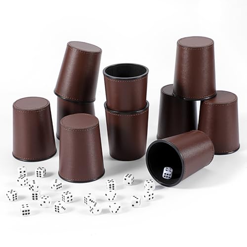 Leather Dice Cup Set, 5 Black Dice Cups + 25 Dices + Exclusive Storage and Transport Case Made of Faux Leather (10x Brown)
