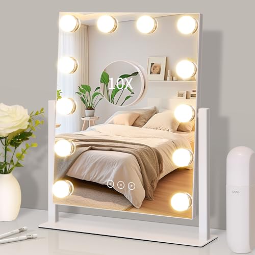 Image of Kotdning Vanity Mirror with Lights,Lighted Vanity Mirror with 12 Dimmable Bulbs for Dressing Room & Bedroom,3 Color Lighting,Modes Detachable 10x Magnification 360Ratation (White) 14.6 inch L x 17 inch W