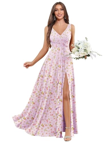 Image of BOLENSYE Floral Lavender Bridesmaid Dresses with Pockets Long Chiffon A Line Ruffles Wedding Guest Dress Size14