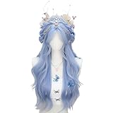ロリータ 水色 ロングカール コスプレウィッグ 真ん中分け センター分けゴスロリ 原宿風 GAL系 ライトブルー 巻き髪 かつら カツラ ハロウィン 仮装 お姫 森ガール 小顔 萌え ゆめかわいい パーティー 日常 cosplay wig