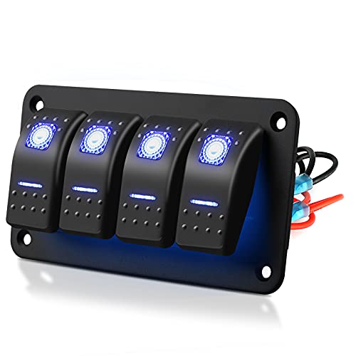 EEEKit 4 Gang Wippschalter Panel 12V/24V Schalter Panel 5 Polig EIN Aus Wasserdicht Kippschalter Panel mit Blauem LED Licht Schaltplan Gummiunterlegscheibe für Auto RV Marine Boot Wohnmobil Fahrzeuge