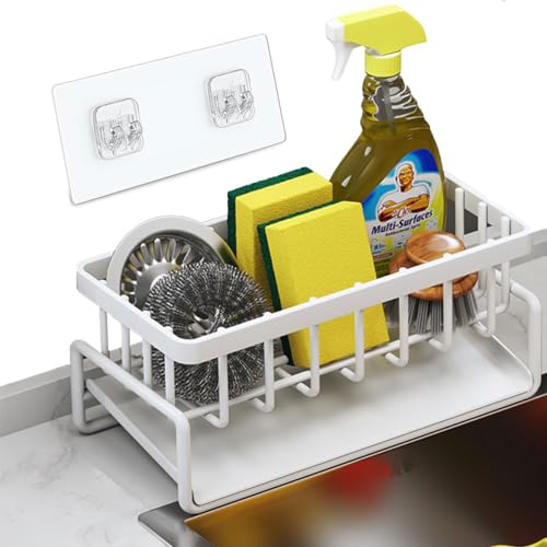 LANYOTA Sink Caddy Kitchen Organizer, Stainless Steel Sponge Holder Sink Dish Sponge Organizer for Bathroom and Kitchen Supplies, Rustproof (White-A)
