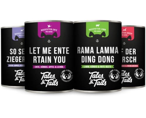 Tales & Tails Nassfutter für Hunde | Mit 75% Fleisch und nur Einer tierischen Proteinquelle | Monoprotein | Hohe Akzeptanz & Verträglichkeit | 400g Dosen (Mix 4er Pack)