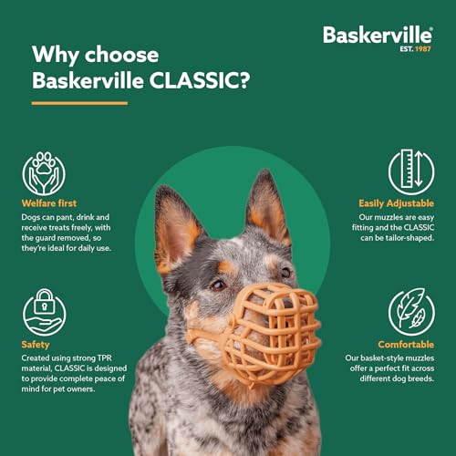 BASKERVILLE CLASSIC MAULKORB - Gestattet Hecheln und Trinken, verhindert Beißen und Stöbern nach Essen, ideal für Hunde mit langen Nasen, Trainingsmaulkorb für mittelgroße Hunde (Größe 7)