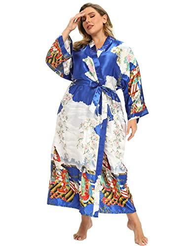 Image of Women's Floral Long Satin Robes Plus Size Long Silk Robes Peacock Floral Kimonos Sleepwear Dressing Gown