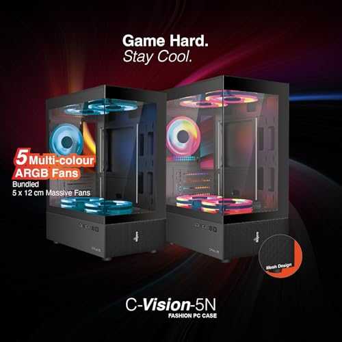 Image of FINGERS C-Vision-5N Micro-ATX PC Cabinet with Dual Toughened Glass Panels, 5 Pre-Installed ARGB Fans, Liquid Cooler Compatibility, Magnetic Dust Filter, USB 3.0 for Premium Performance & Style (Black)