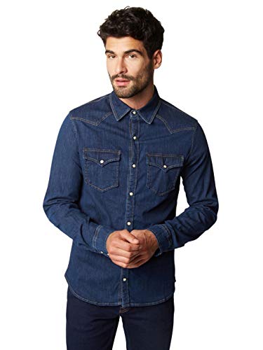 WOTEGA Stephen - Camisa Vaquera de Manga Larga para Hombre Western Shirt Casual Slim Marino Cielo Agua, Azul (Peacoat 3920), L