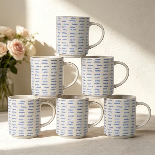 ALOFMO Coffee Mugs Set of 6, 17oz Ceramic Mugs with Handpainted Blue Gray Stripe Pattern, Modern Stackable Coffee Cups, Dishwasher and Microwave Safe Mugs for Home & Office