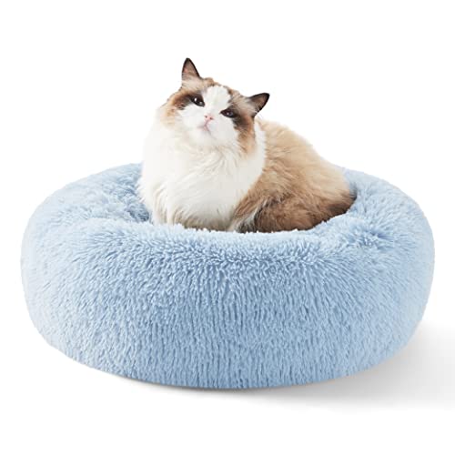 Image of Bedsure Calming Cat Beds Donut Round Washable Kitten Bed,20 inches Light Blue