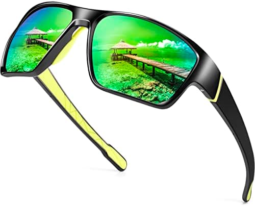 Paukis Wrap Around Sport Sunglasses for Men Polarized, Green Mirrored Wrap Around Sports Sunglasses for Fishing Golf Cycling Driving UV Protection- A02 Glossy Black Frame/Green Mirrored Lens