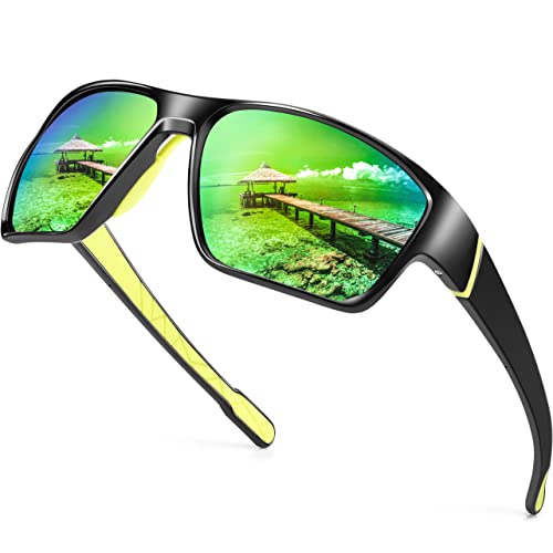 Paukis Wrap Around Sport Sunglasses For Men Polarized, Green Mirrored Wrap Around Sports Sunglasses For Fishing Golf Cycling Driving Uv Protection- A02 Glossy Black Frame/Green Mirrored Lens #TOP2
