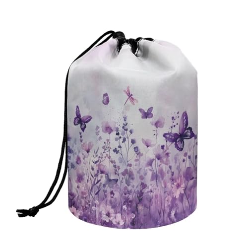 Poceacles Butterfly Dragonfly Violet Drawstring Makeup Bags for Women, Foldable Travel Cosmetics Bag Brush Organizer Multifunctional Toiletry Kit Storage Pouch