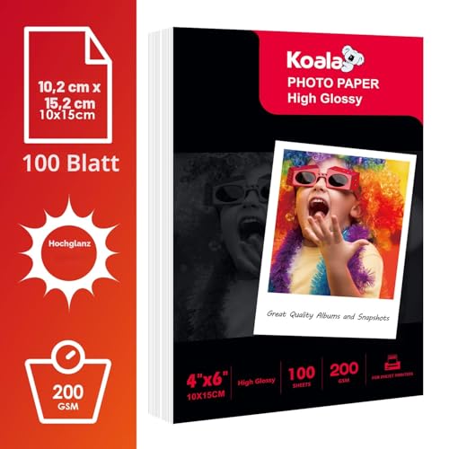 Koala Inkjet Hochglänzend Fotopapier 10x15 cm, 200g/m², 100Blatt, für Canon Epson HP Tintenstrahldrucker
