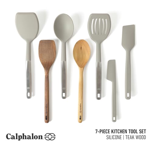 Image of Calphalon Prime 7-Piece Silicone and Teak Wood Kitchen Tool Set, Stainless Steel Kitchen Utensil Set, Kitchen Spoon And Spatula Set, Heat Resistant Non-Slip Kitchen Gadgets Set - Taupe