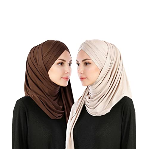 Rayiisuy Women 2PCS Set Jersey Hijab Lightweight Soft Solid Color Instant Hijab Shawls and Wraps Muslim Stretch Head Scarf, Beige,coffee