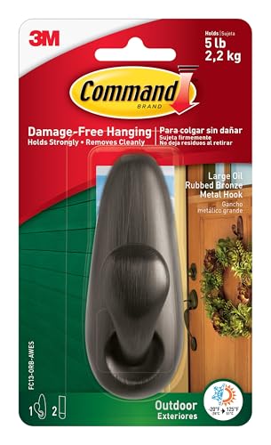 Command 051141397108 Outdoor Forever Classic Metal, Large, Oil Rubbed Bronze, 1-Hook with Foam Strips (FC13-ORB-AWES), L