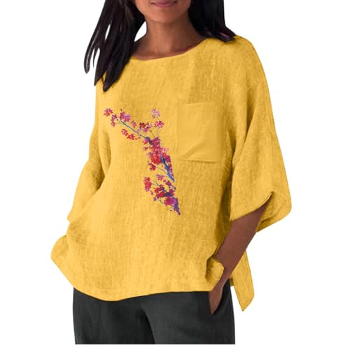 Camiseta de Manga Corta Mujer 2024 Algodón y Lino Camisa Verano Moda Estampado Elegante Blusa Casual Cómodo Suelto Cuello Redondo Tops T-Shirt Original Basic tee Talla Grande Ligero