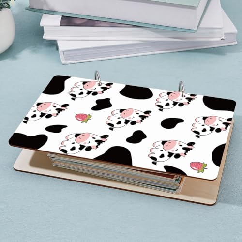 SUPERDANT Grußkarten Organizer Mit Cartoon Kuh Motiv Tier Grußkarten Ordner Lustiger Kartenhalter Aus Holz 2 Ring Postkartenalbum Für Geburtstage Und Hochzeiten Mit Locher Und 20 Taschen
