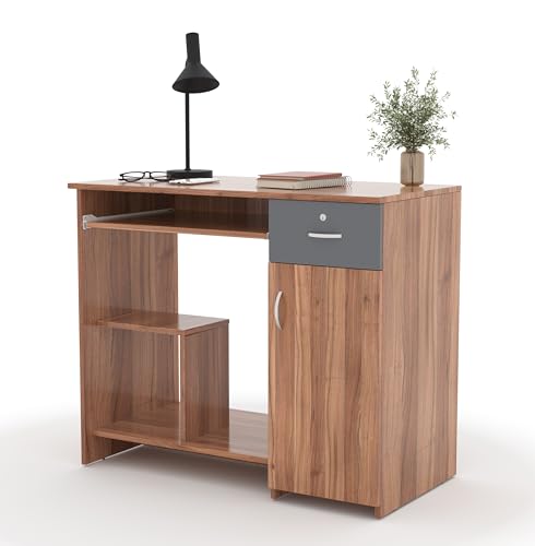 Image of 45x90x76CM Engineered Wood Study & Office Table with Drawer, Cabinet Storage & Keyboard Tray | Sturdy, Foldable DIY Multipurpose Table- Lyon Walnut with Grey