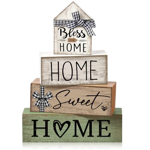 Image of Moucuny 4 Pcs Wooden Farmhouse Table Decor Rustic Home Sweet Home Stacked Blocks Decoration Farmhouse Tiered Tray Decor Decorative Eucalyptus Block Signs Bless Gift for Kitchen Shelf Coffee Table