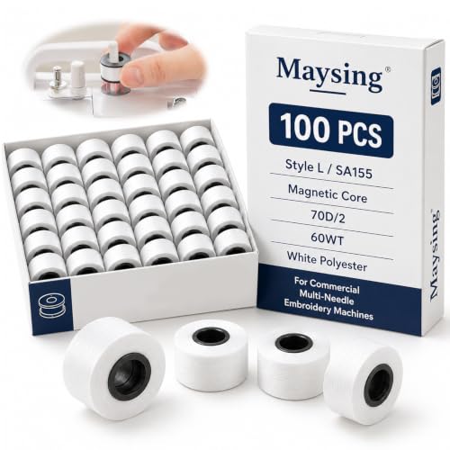 Maysing 100 Pcs Magnetic L Prewound Bobbins for Embroidery Machine Polyester Prewound Bobbin Thread 70d for Commercial Home Sewing (White)