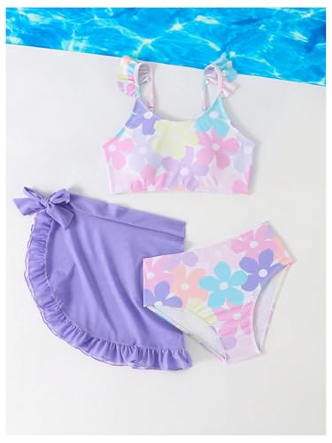 Image of MakeMeChic Girl's 3 Piece Bikini Set Floral Scoop Neck Ruffle Bathing Suit with Cover Up Skirt Mauve Purple 9Y