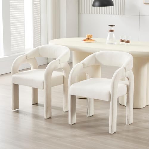 DAYALANE Lot de 2 Chaises de Cuisine en Chenille Chaise de Salle à Manger avec Dossier Incurvé Fauteuil Dîner Moderne, Blanc