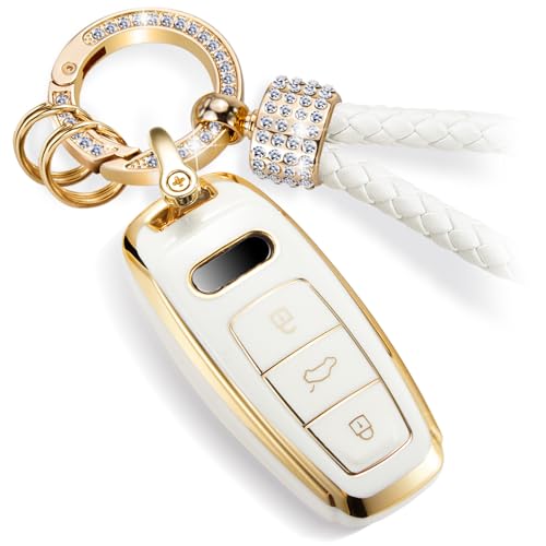 Image of Key Fob Cover for Audi, Rhinestone Loop Keychain Case, Gold Edge