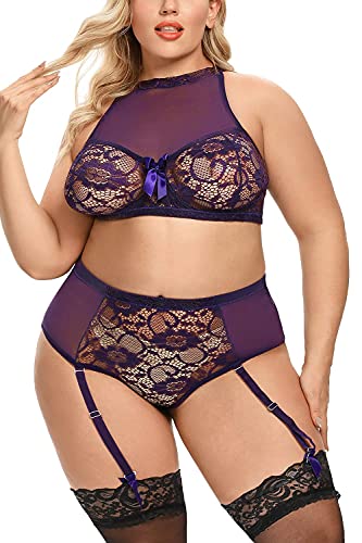 Plus Size Lingerie Set For Women - Sexy See Thru Halter Lace Mesh Crop Bra Top High Waist Panty Suspender Outfit(Purple,3Xl) #TOP3