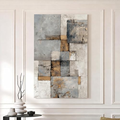 Image of Abstract Textured Stretched Canvas Painting For Living Room | Concrete Geometric Stretched Canvas Wall Art For Livingroom Home Decor, Bedroom, Hallway's, Office, Hotel - 56x86 cm