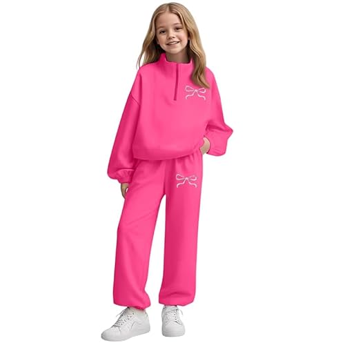 Girls Sweat Suits Size 14-16 2 Piece Sweat Sets For Girls Stand Up Collar Toddler Half Zip Pullover Sweatshirt Sweatpant With Bows Fashion Spring Girl Outfits Hot Pink 7-8 Years