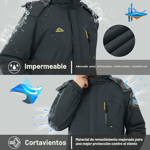 Miniatura 2 de Kefitevd Chaqueta Esquí Impermeable Cálida Para Hombres Chaquetas Térmicas Lana Deportes Invierno Abrigo Con Capucha Desmontable,Gris,L