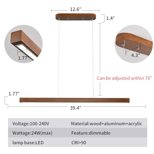 Image of 39 Inch Wood Linear Pendant Light Dimmable LED Kitchen Island Lighting with Remote Adjustable Hanging Chandelier for Dining Room Bar Pool Table 24W Modern Farmhouse Fixture Walnut Color