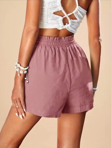 Image of LIRIT Womens High Waist Casual Linen Blend Summer Shorts with Elastic Paperbag Waist Drawstring Side Pockets Relaxed Fit Lightweight Shorts