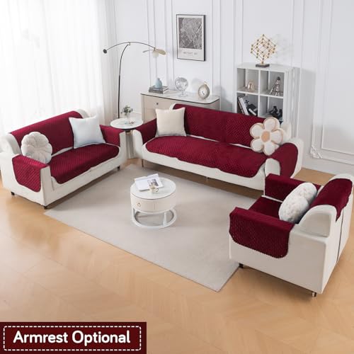 Image of HOKIPO Quilted Sofa Cover 6 Seater Set - Washable 3+2+1 Sofa Panel for Seat & Back | 'Quilt Classic' Maroon (IN-927+926+925 * 2-MRN)