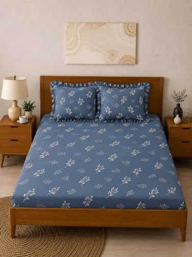 Image of King Size Fitted Bedsheet for Double Bed | 300 TC Cotton Feel Microfiber | All Around Elastic with 2 Frill Pillow Covers | Soft & Durable | (Design10, Fitted - 72 x 78 Inch King)