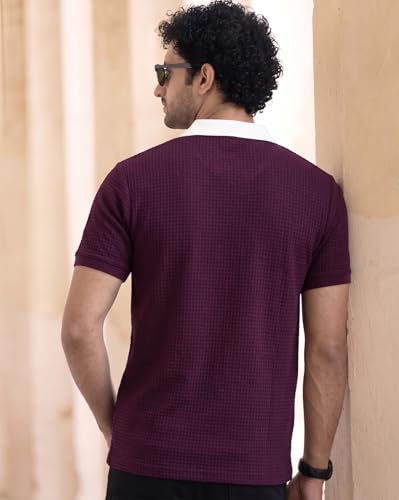 Image of AUSK Men's Retro Cable-Knit Quarter-Zip Polo | Premium Textured Self-Design Half Sleeve T-Shirt for Men