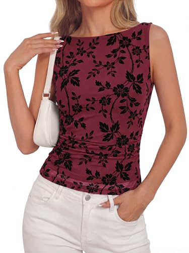 BTFBM Womens Tank Tops 2026 Summer Floral Mesh Sleeveless Boat Neck Slim Fit Shirts Casual Spring Ruched Going Out Top(Burgundy, X-Small) — view 4