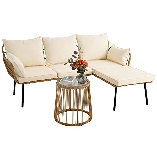 Image of LOCCUS 4-Piece Rattan Patio Sofa Set, All-Weather Wicker Conversation Furniture with Cushions & Center Table for Garden, Balcony, Poolside, Lawn, Porch, Indoor & Outdoor Use (Beige)