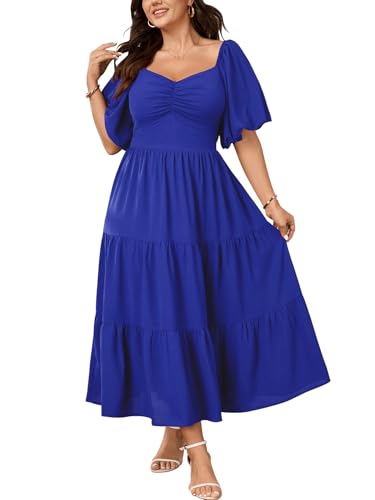 SHESTARR Womens Plus Size Dresses Wedding Guest Puffy Short Sleeve Sweetheart Smocked Tiered Flowy A Line Maxi Dress Royal Blue