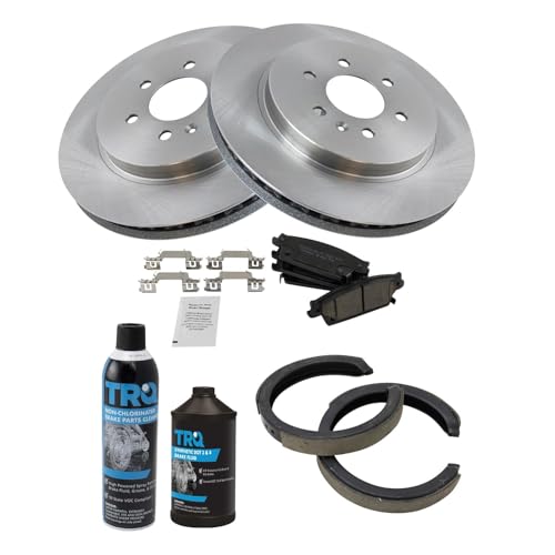 Image of TRQ Rear Brake Pad & Rotor Kit, with Chemical Kit Parking Brake Shoe Set Ceramic Compatible with 2004-2009 Cadillac SRX
