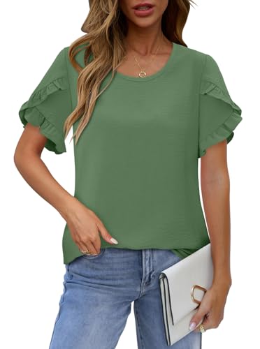 CRAZY GRID Women's Shirts Summer Casual Crewneck Ruffle Short Sleeve Blouses Cute Floral Print Tunic Tops