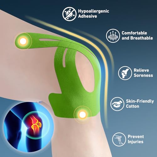 Image of PreCut Kinesiology Tape for Knees, KTQUICK 24 PCS 20% Extra Adhesive Knee Tape for Knee Pain Relief Pre Cut, Anatomical for Maximum Hold, Waterproof&Hypoallergenic Cotton Latex-Free for Sports(Green)